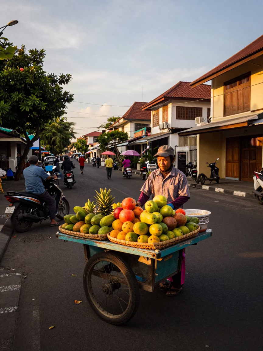 Street Scene in Denpasar at Honeyed Evening Light in in Denpasar, Indonesia