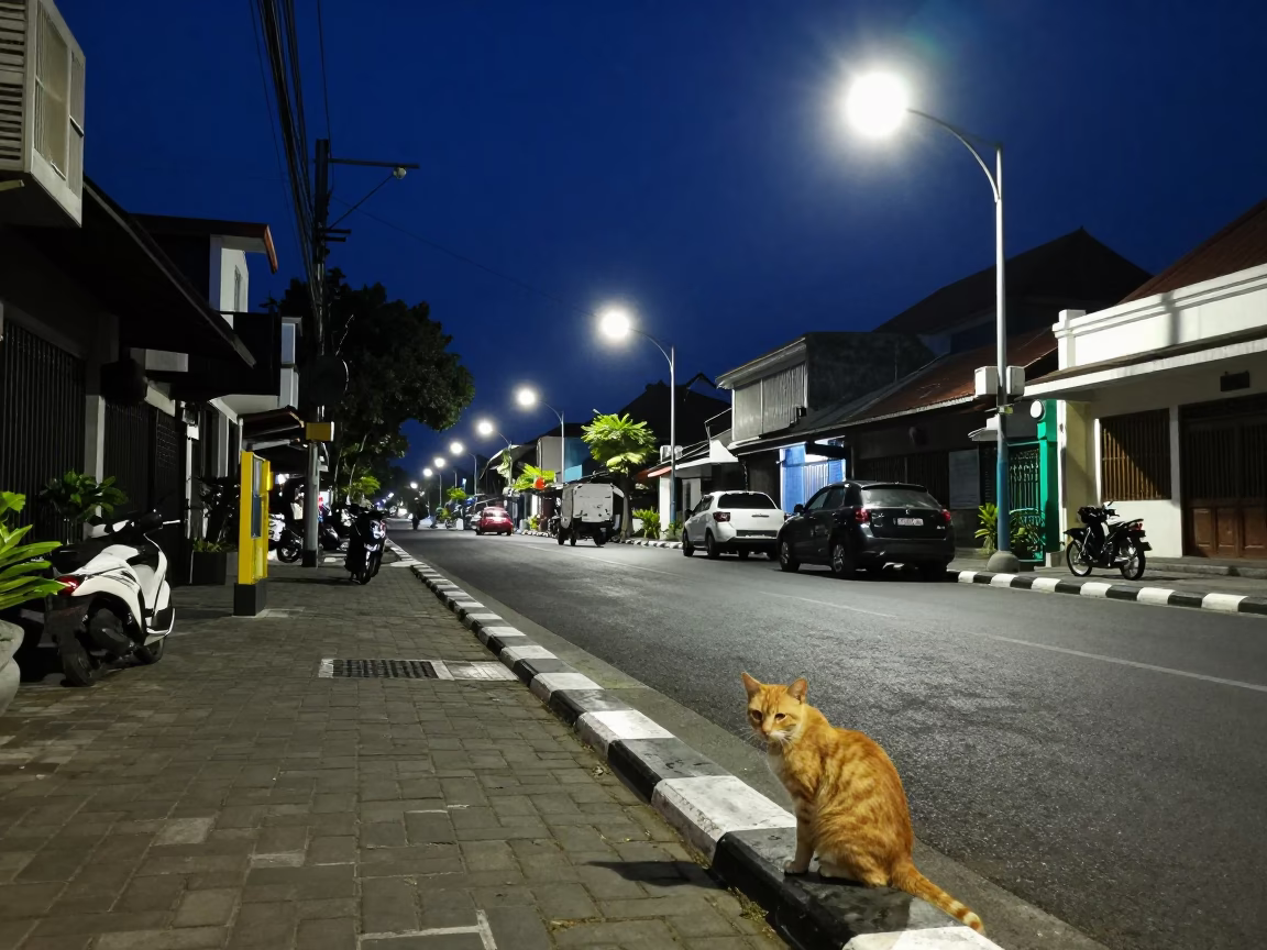 Street Scene in Denpasar at Midnight Light in in Denpasar, Indonesia