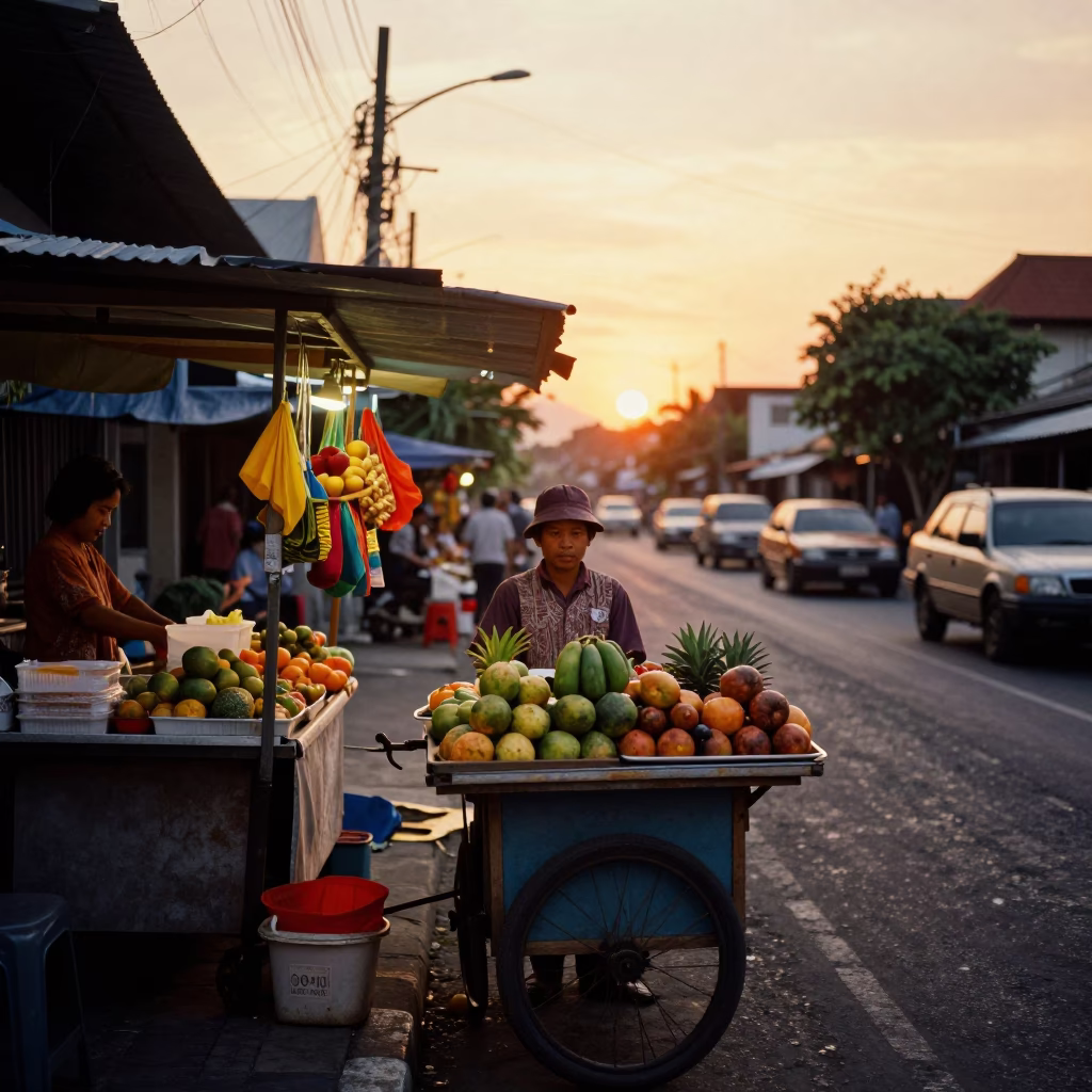 Street Scene in Denpasar at Sunset Light in in Denpasar, Indonesia