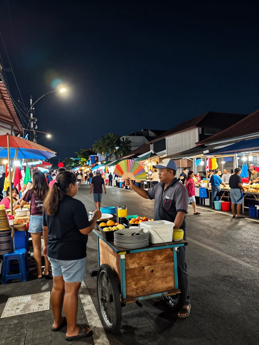 Street Scene in Denpasar at The Deepest Night Sky Light in in Denpasar, Indonesia
