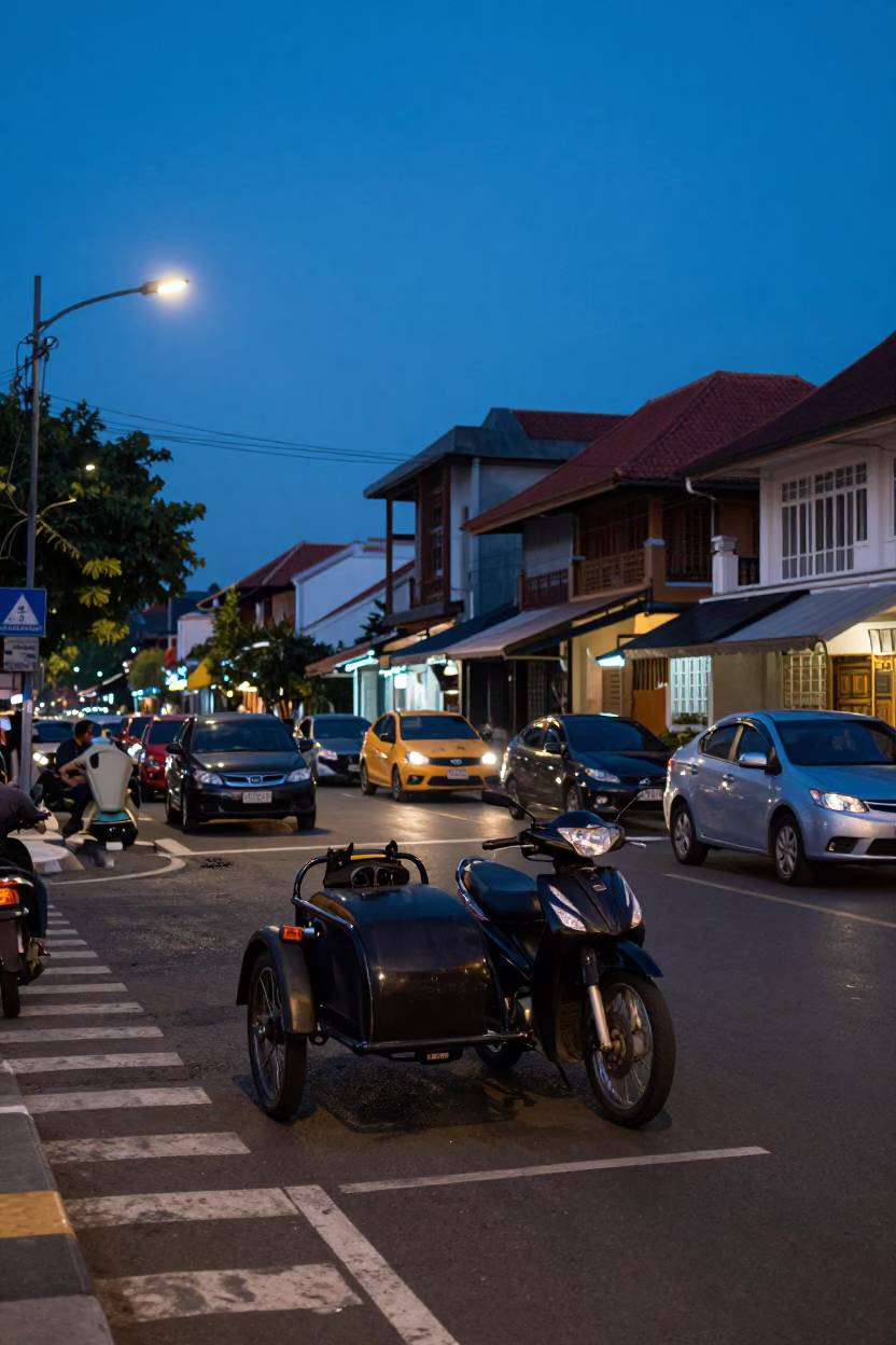 Street Scene in Denpasar at The Still Hours Before Dawn Light in in Denpasar, Indonesia