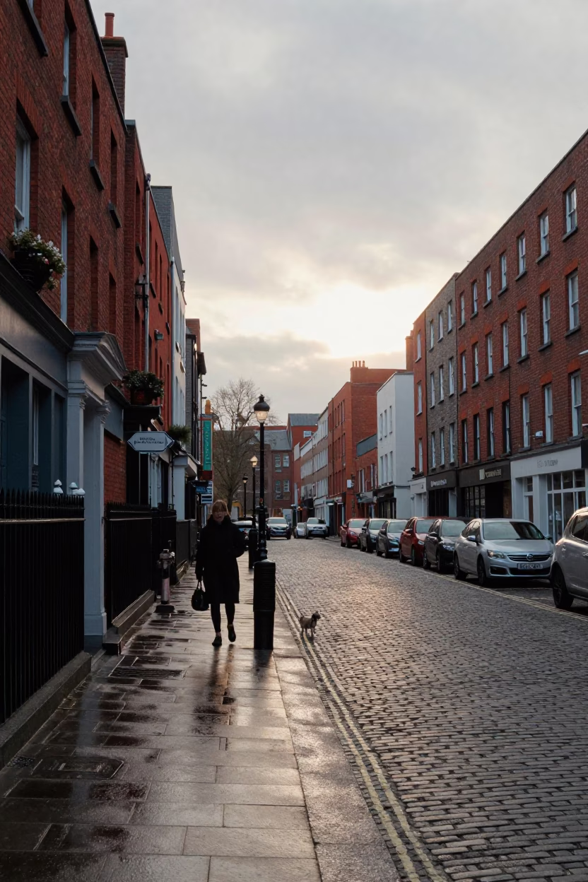 Street Scene in Dublin at As First Light Reaches The Scene in in Dublin, Ireland