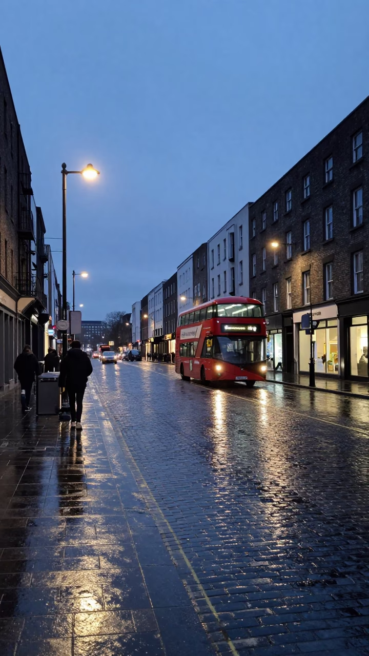 Street Scene in Dublin at Nautical Dawn Light in in Dublin, Ireland