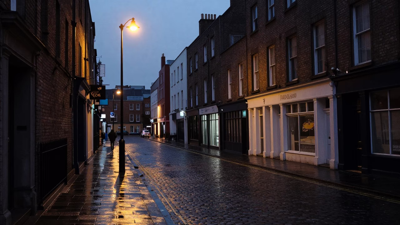 Street Scene in Dublin at The Predawn Darkness Light in in Dublin, Ireland