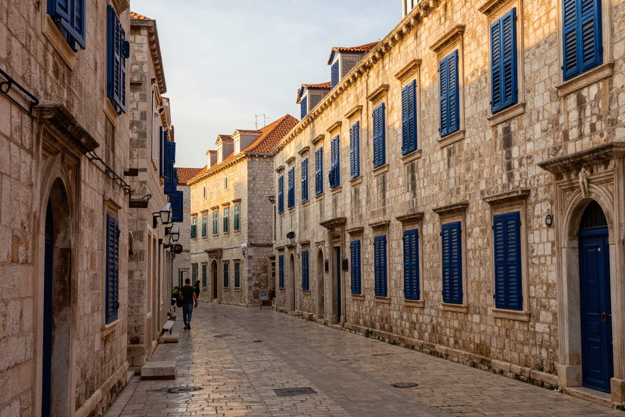 Street Scene in Dubrovnik at As First Light Reaches The Scene in in Dubrovnik, Croatia