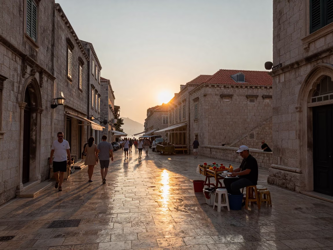 Street Scene in Dubrovnik at As The Sun Drops Toward The Horizon in in Dubrovnik, Croatia