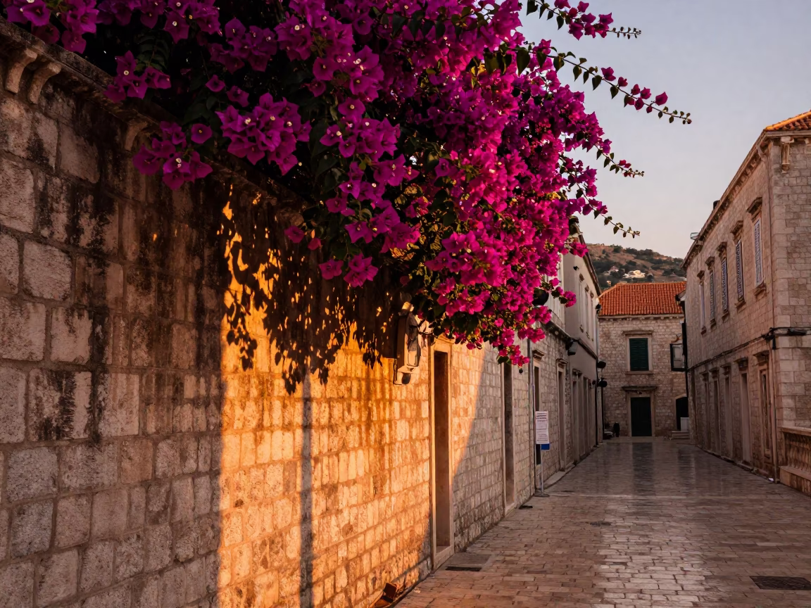 Street Scene in Dubrovnik at Copper-toned Light Before Dusk in in Dubrovnik, Croatia