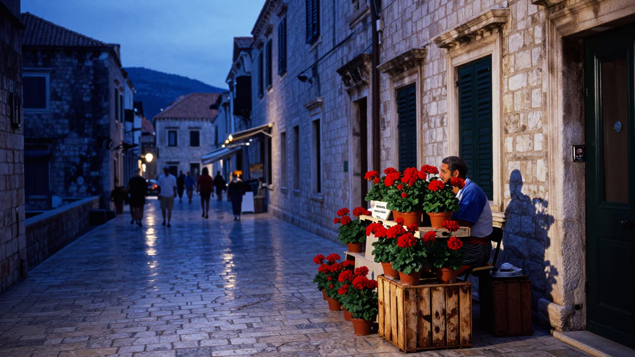 Street Scene in Dubrovnik at Indigo Twilight After Sunset in in Dubrovnik, Croatia