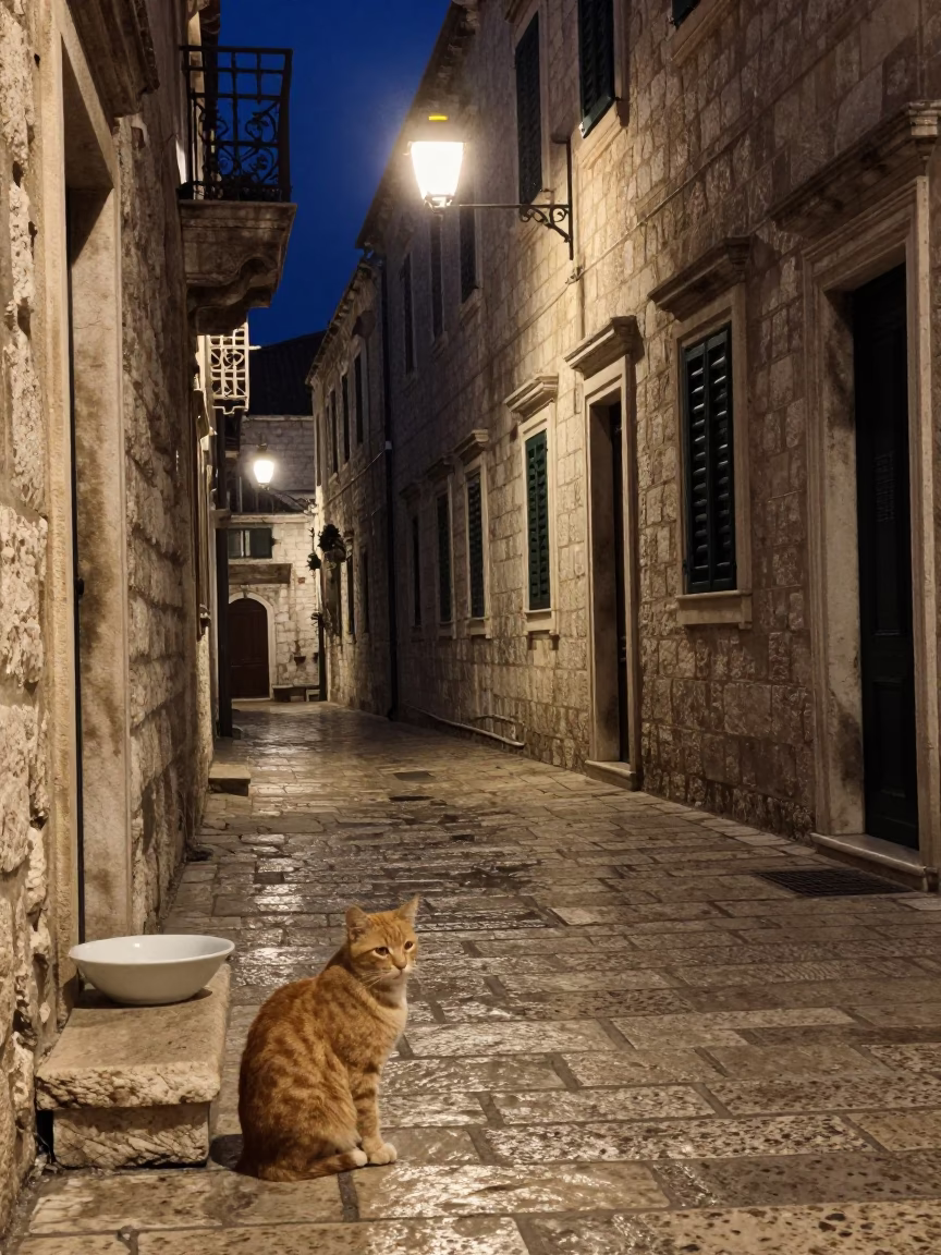 Street Scene in Dubrovnik at Late At Night Light in in Dubrovnik, Croatia