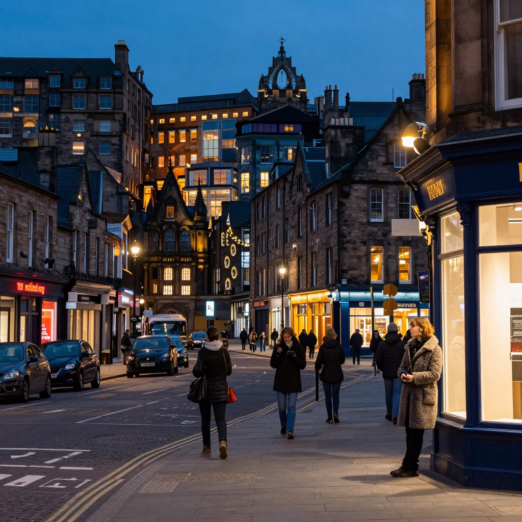 Street Scene in Edinburgh at As City Lights Begin To Glow in in Edinburgh, United Kingdom