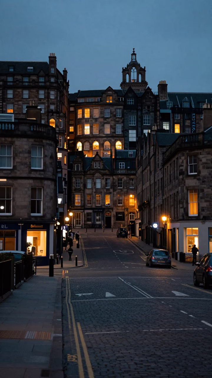 Street Scene in Edinburgh at As City Lights Begin To Glow in in Edinburgh, United Kingdom