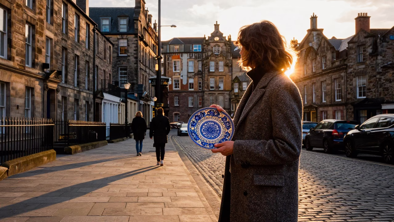 Street Scene in Edinburgh at As The Sun Drops Toward The Horizon in in Edinburgh, United Kingdom