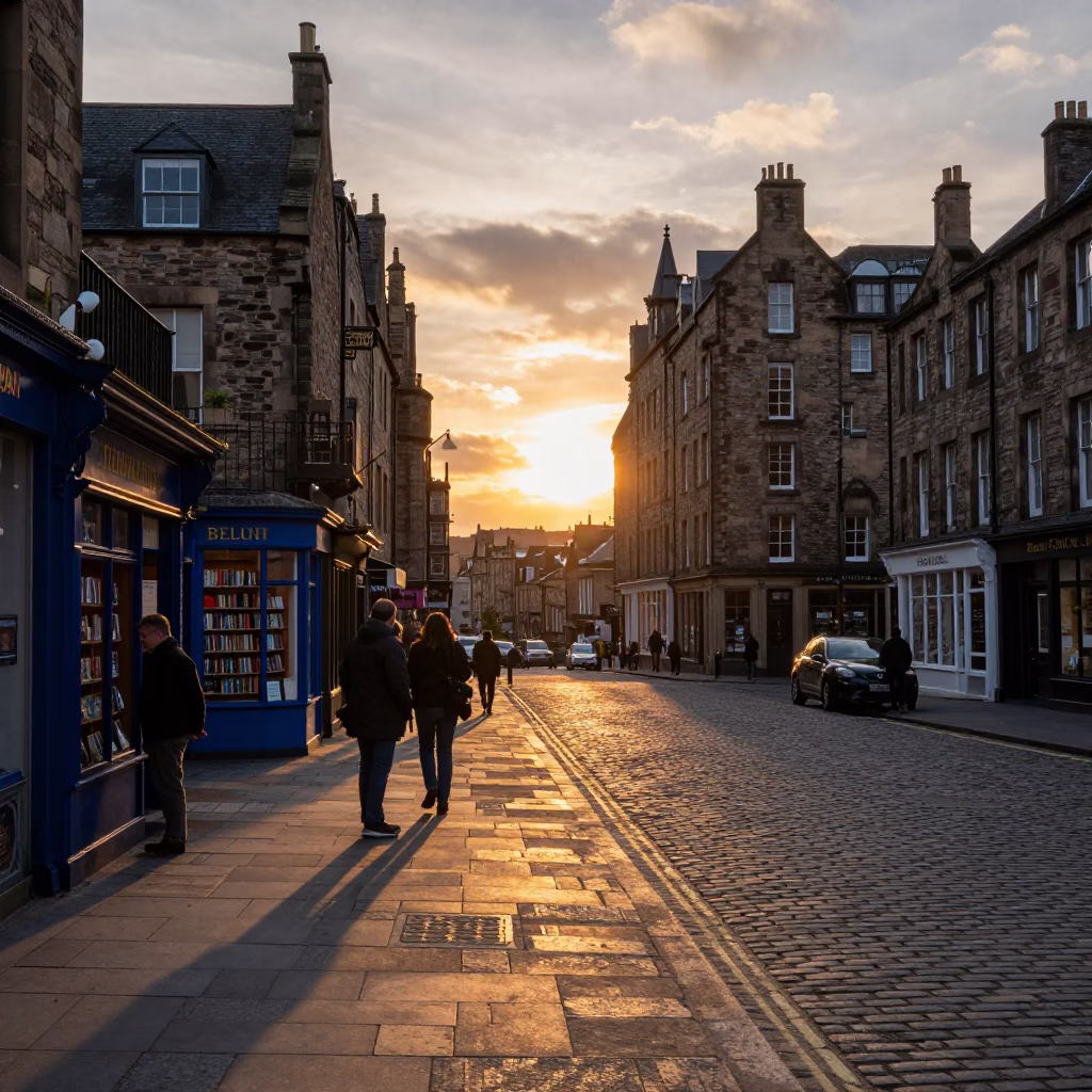 Street Scene in Edinburgh at As The Sun Drops Toward The Horizon in in Edinburgh, United Kingdom