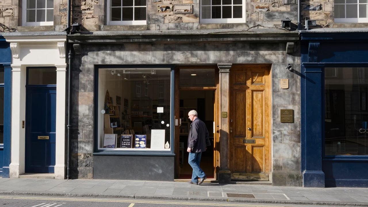Street Scene in Edinburgh at Bright Midmorning Light in in Edinburgh, United Kingdom