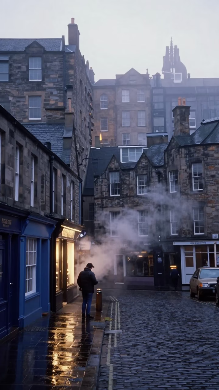 Street Scene in Edinburgh at Dawn Light in in Edinburgh, United Kingdom
