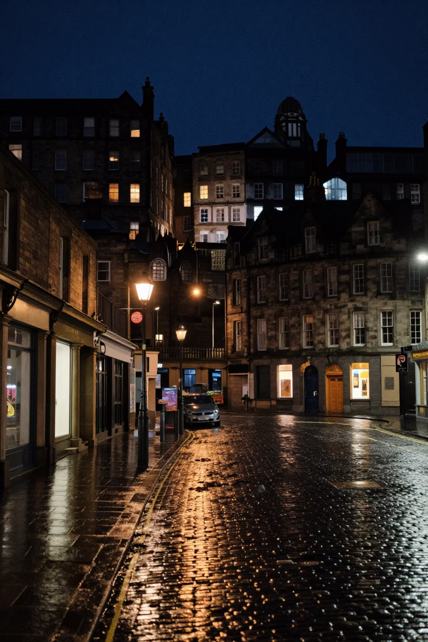 Street Scene in Edinburgh at Deep In The Night Light in in Edinburgh, United Kingdom