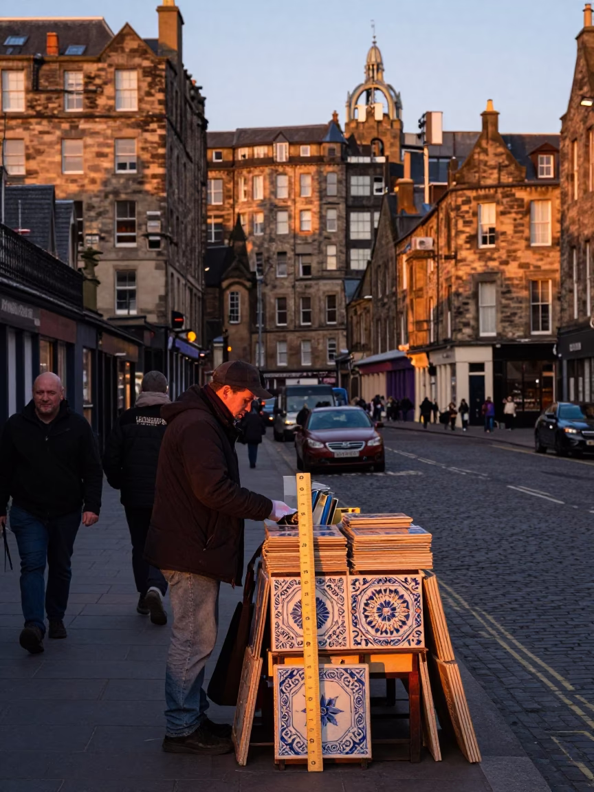 Street Scene in Edinburgh at Honeyed Evening Light in in Edinburgh, United Kingdom