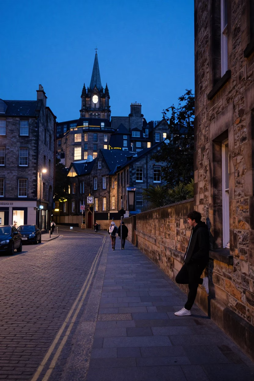 Street Scene in Edinburgh at Indigo Twilight After Sunset in in Edinburgh, United Kingdom