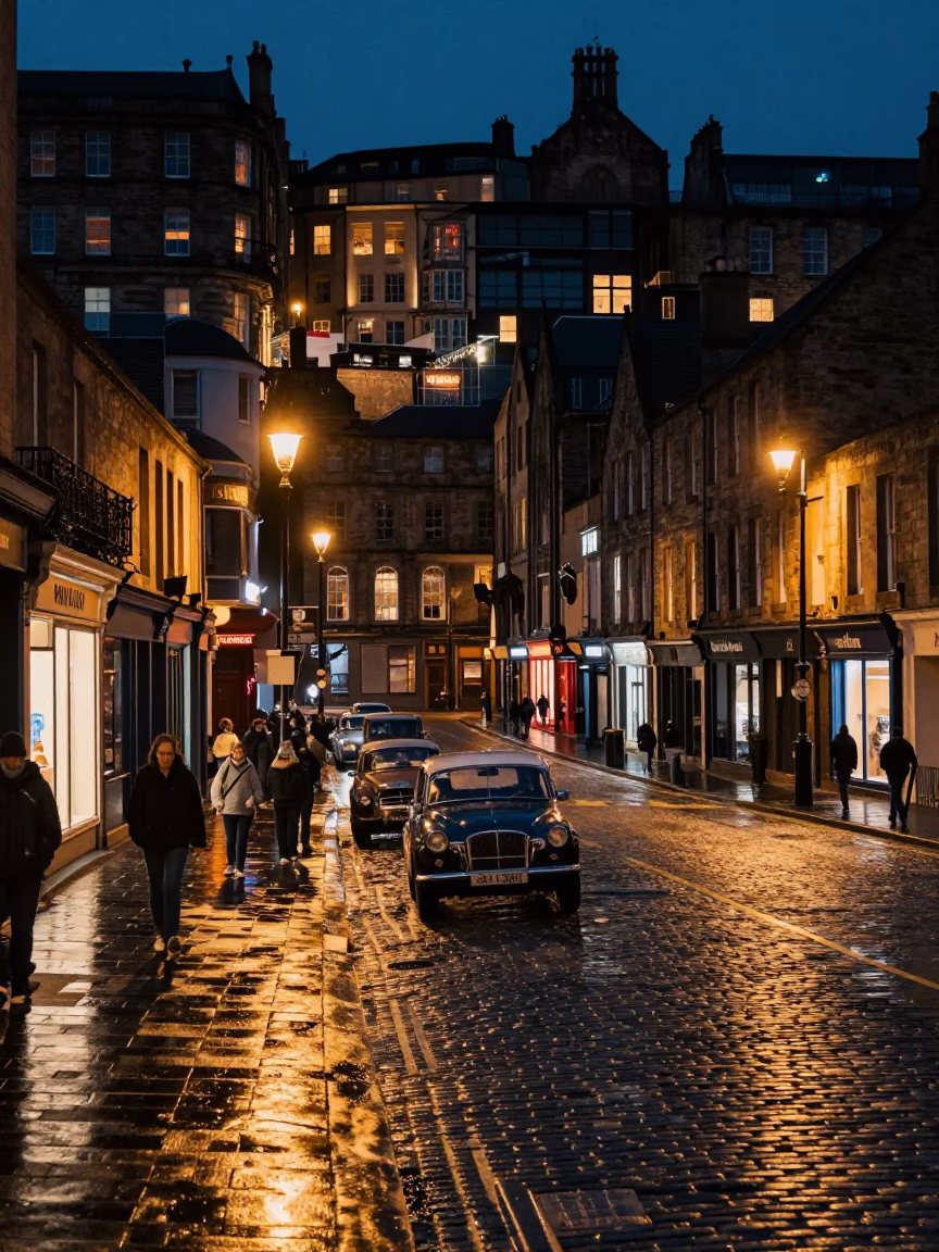Street Scene in Edinburgh at Late At Night Light in in Edinburgh, United Kingdom