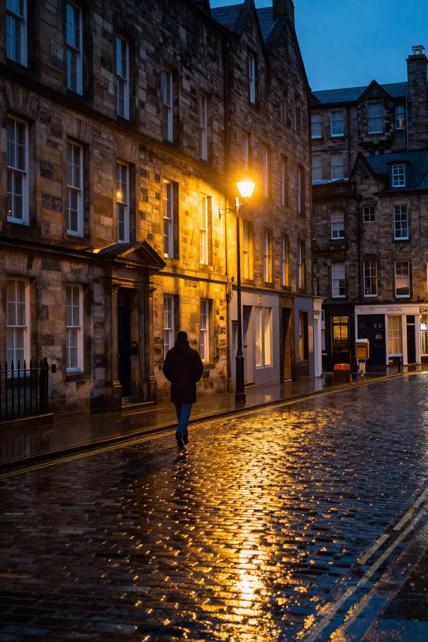 Street Scene in Edinburgh at Late At Night Light in in Edinburgh, United Kingdom