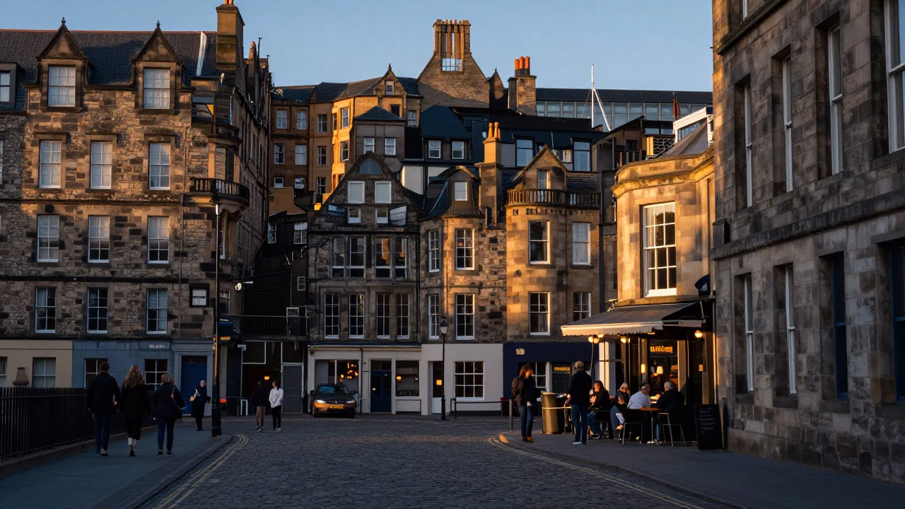 Street Scene in Edinburgh at The Early Evening Light in in Edinburgh, United Kingdom