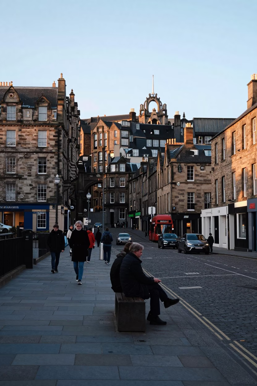Street Scene in Edinburgh at The Late Afternoon Light in in Edinburgh, United Kingdom