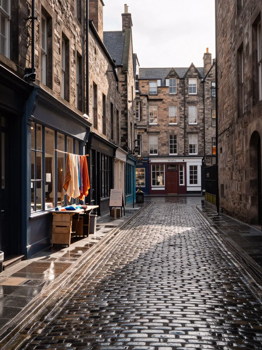 Street Scene in Edinburgh at The Late Morning Light in in Edinburgh, United Kingdom