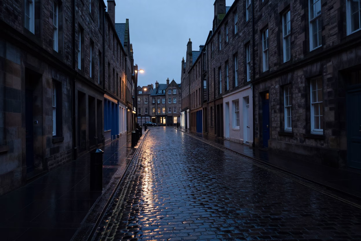 Street Scene in Edinburgh at The Predawn Darkness Light in in Edinburgh, United Kingdom