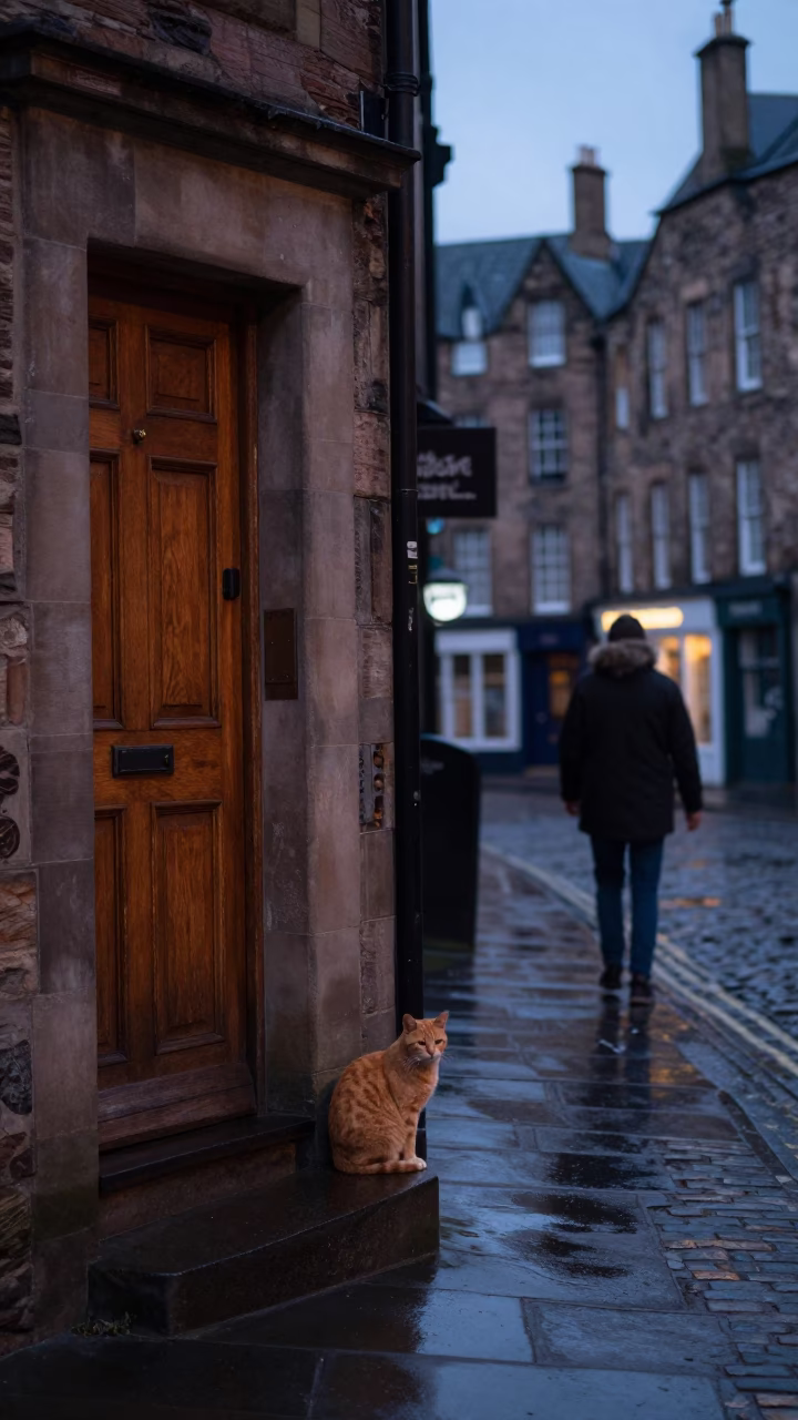 Street Scene in Edinburgh at The Still Hours Before Dawn Light in in Edinburgh, United Kingdom