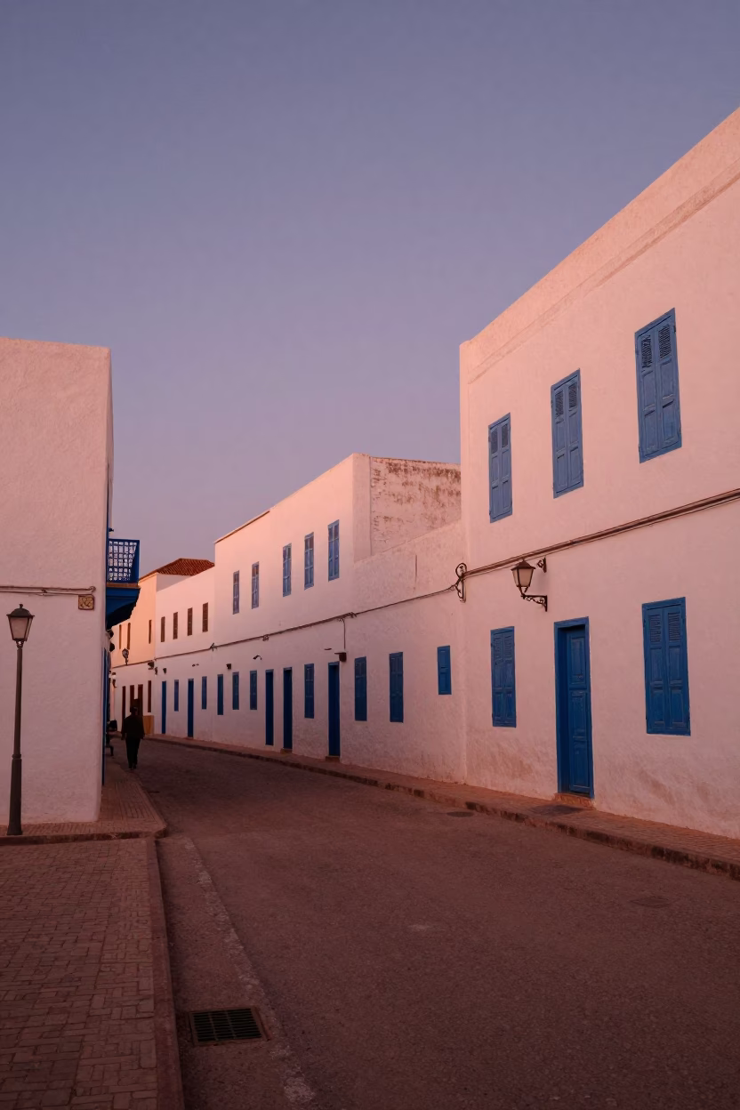 Street Scene in Essaouira at Copper-toned Light Before Dusk in in Essaouira, Morocco