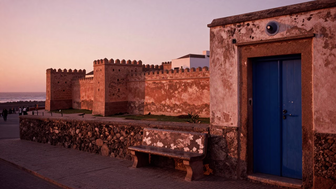 Street Scene in Essaouira at Copper-toned Light Before Dusk in in Essaouira, Morocco