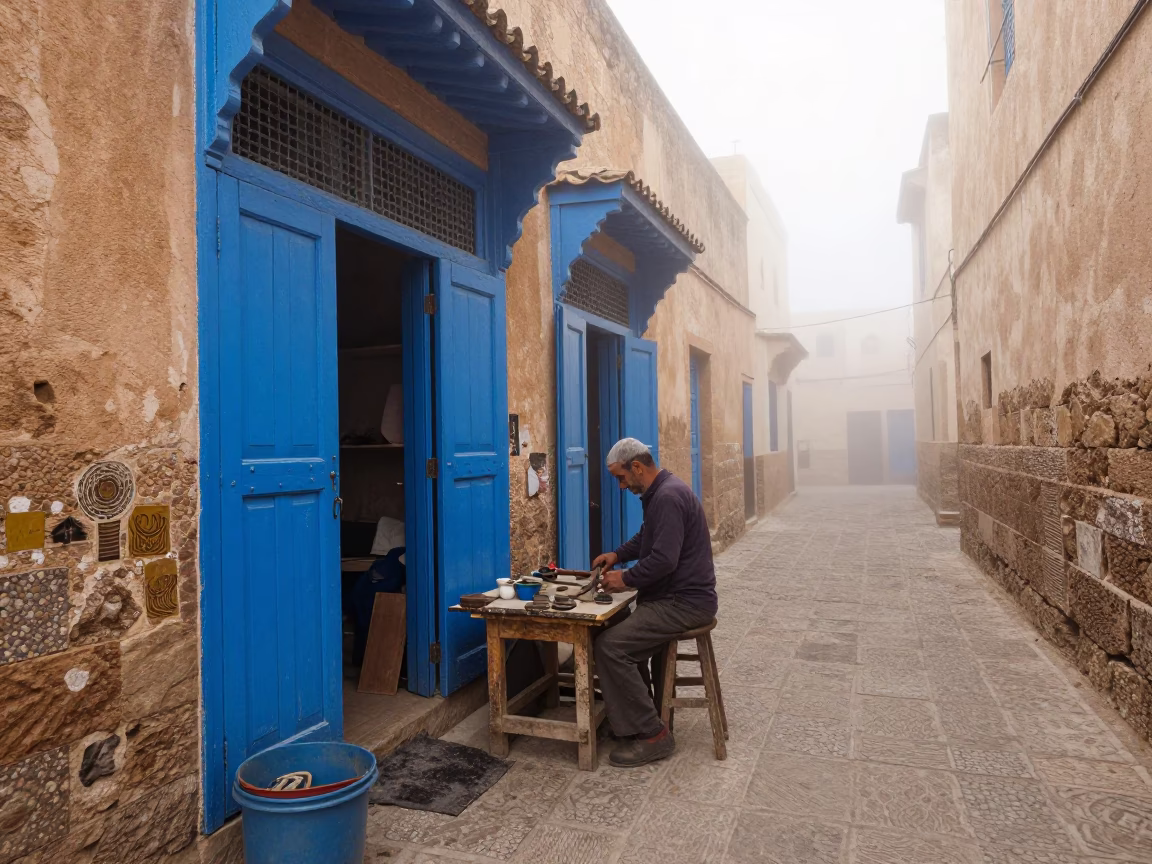 Street Scene in Essaouira at Dawn Light in in Essaouira, Morocco