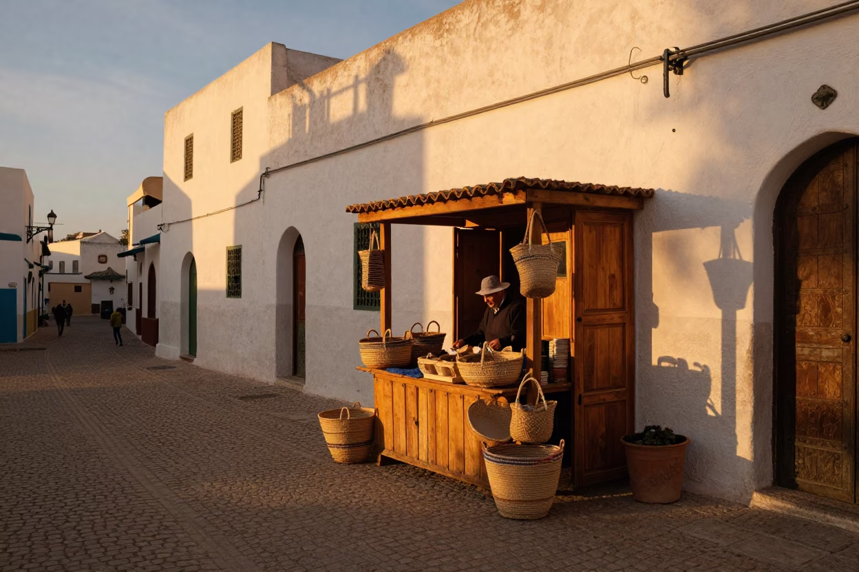 Street Scene in Essaouira at Honeyed Evening Light in in Essaouira, Morocco