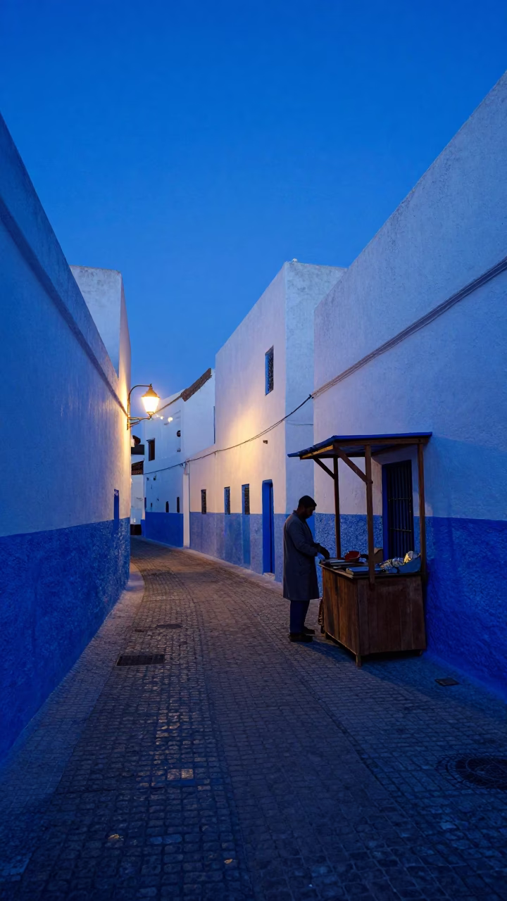 Street Scene in Essaouira at Indigo Twilight After Sunset in in Essaouira, Morocco