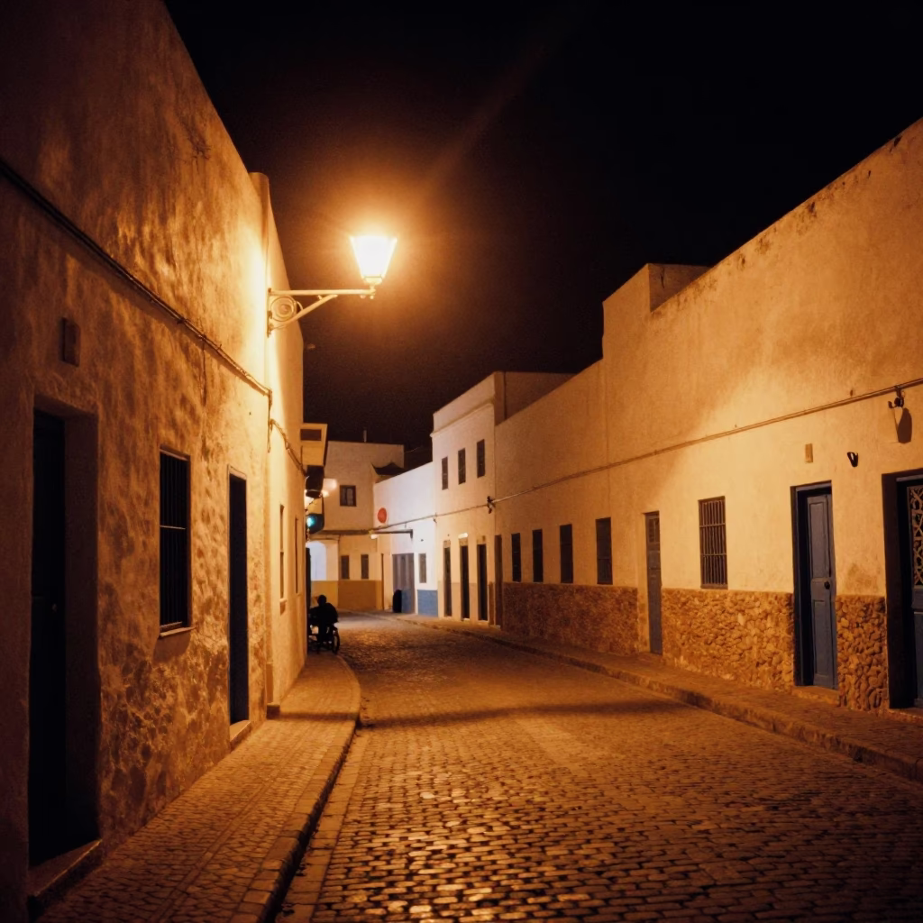 Street Scene in Essaouira at Late At Night Light in in Essaouira, Morocco