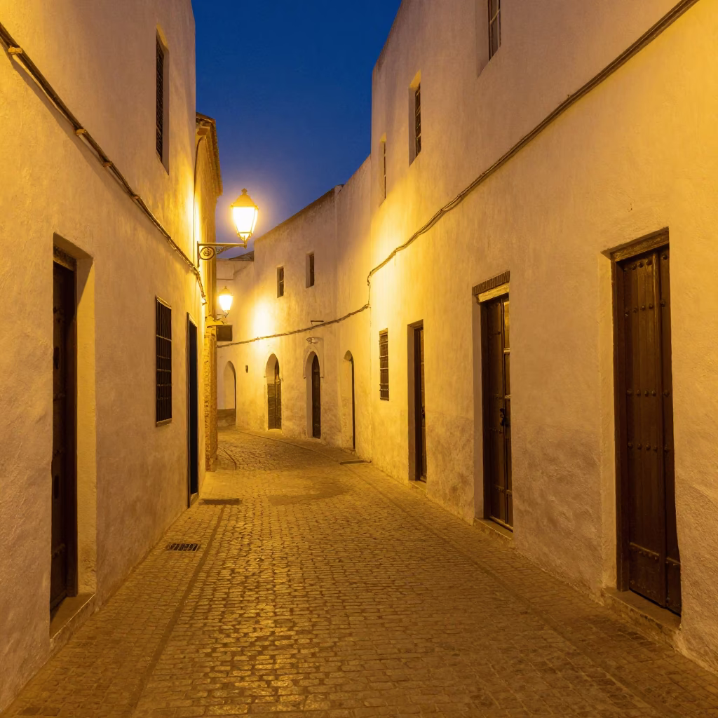 Street Scene in Essaouira at Late At Night Light in in Essaouira, Morocco