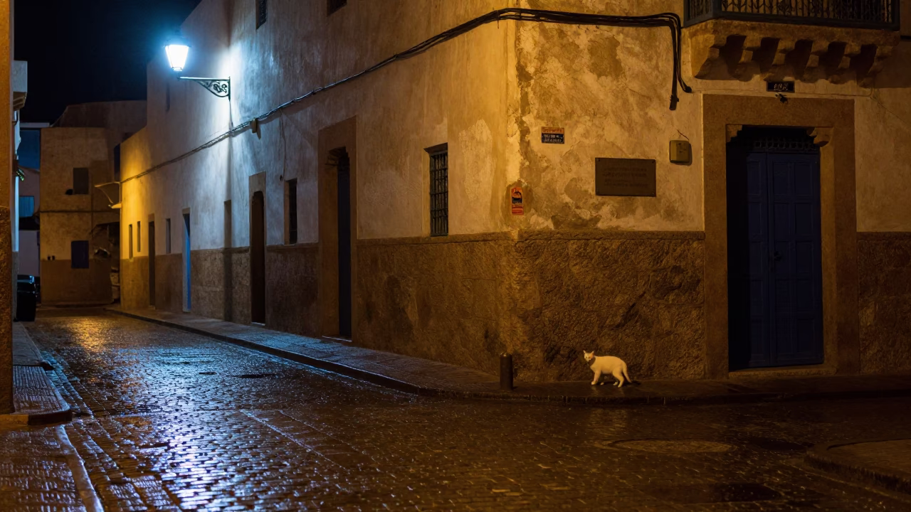 Street Scene in Essaouira at Late At Night Light in in Essaouira, Morocco