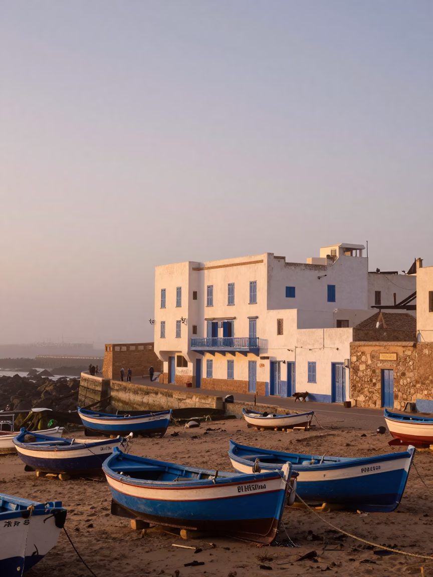 Street Scene in Essaouira at Nautical Dawn Light in in Essaouira, Morocco