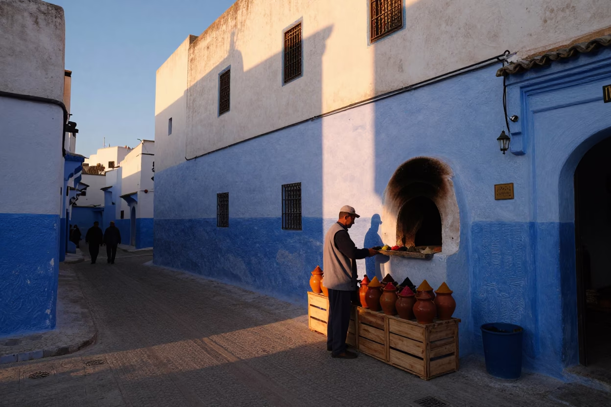 Street Scene in Essaouira at Sunset Light in in Essaouira, Morocco