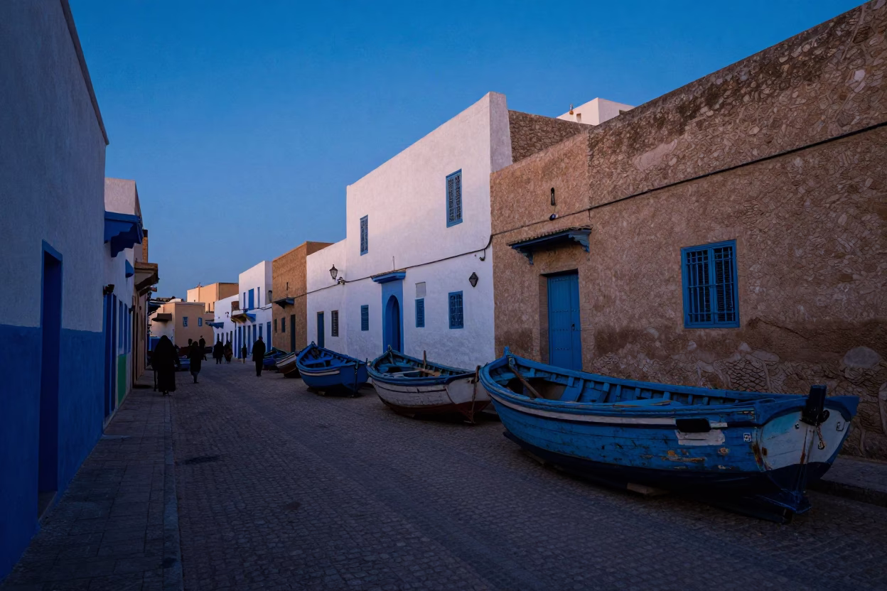 Street Scene in Essaouira at The Still Hours Before Dawn Light in in Essaouira, Morocco