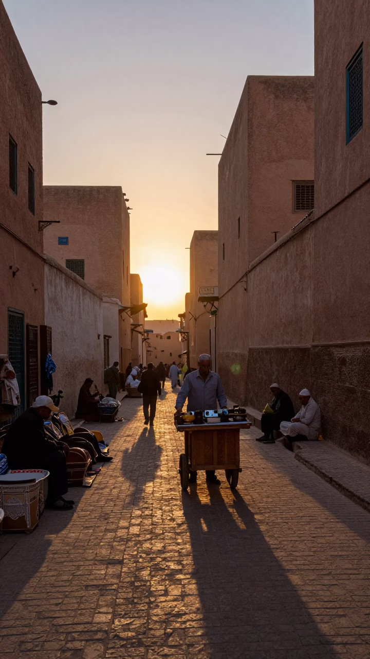 Street Scene in Fez at As The Sun Drops Toward The Horizon in in Fez, Morocco
