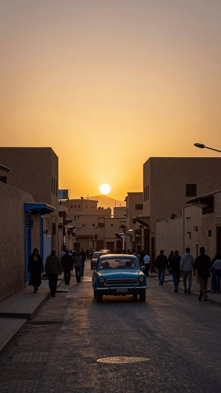 Street Scene in Fez at As The Sun Drops Toward The Horizon in in Fez, Morocco