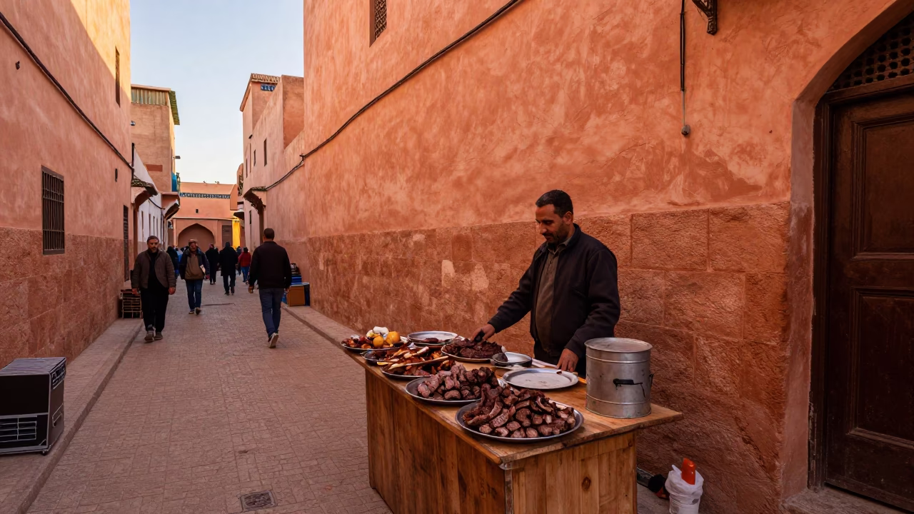Street Scene in Fez at Copper-toned Light Before Dusk in in Fez, Morocco
