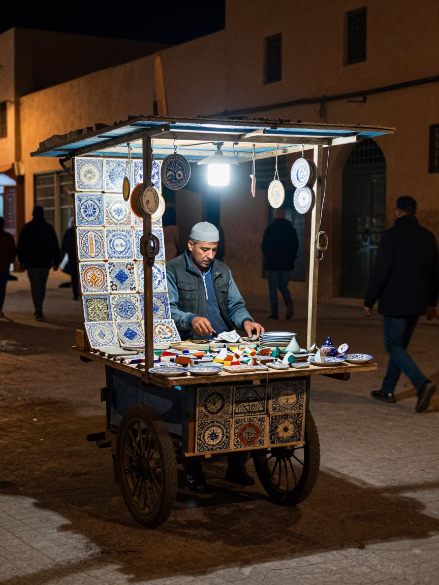 Street Scene in Fez at Deep In The Night Light in in Fez, Morocco