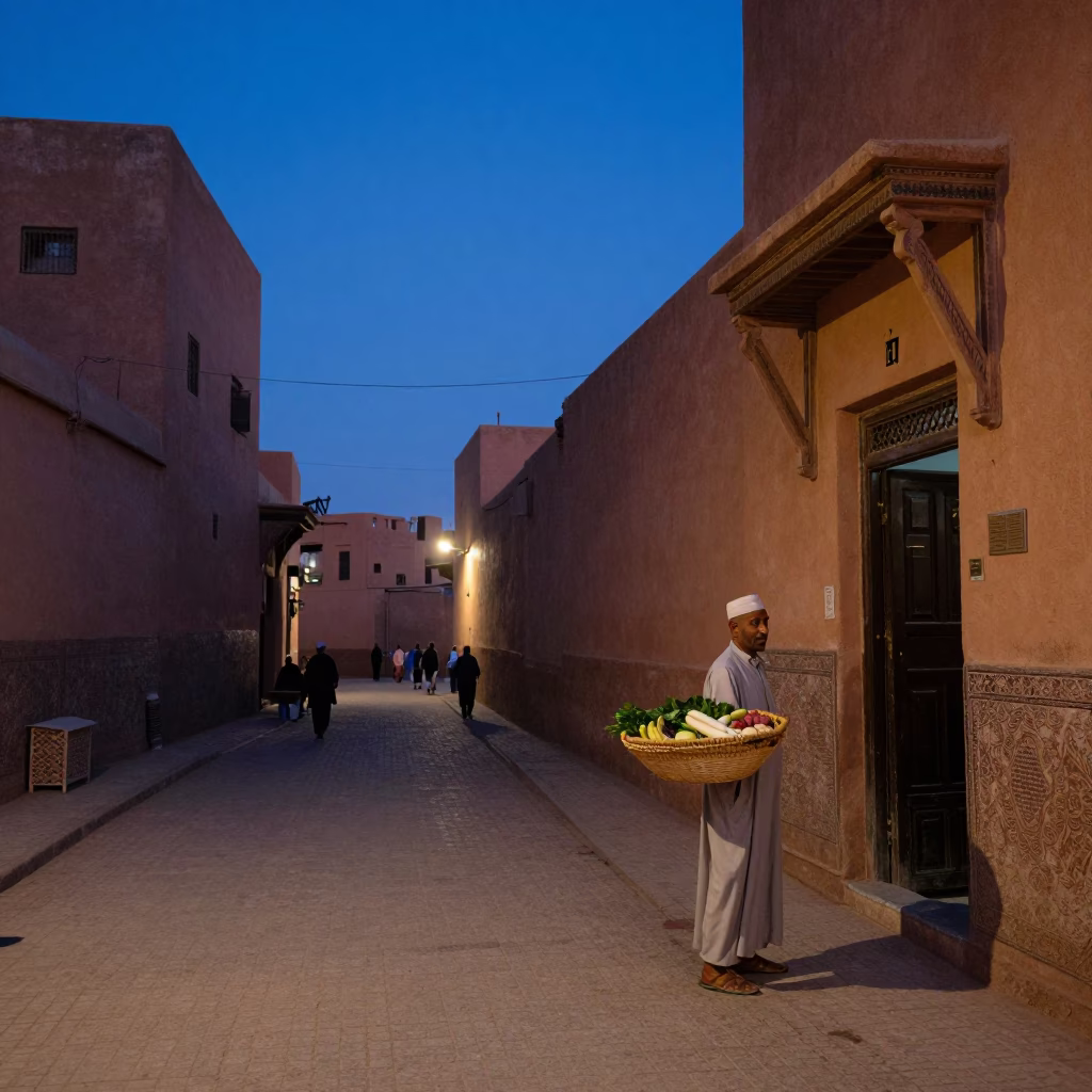 Street Scene in Fez at Indigo Twilight After Sunset in in Fez, Morocco