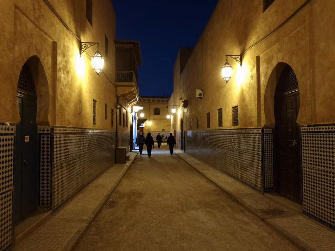 Street Scene in Fez at Late At Night Light in in Fez, Morocco