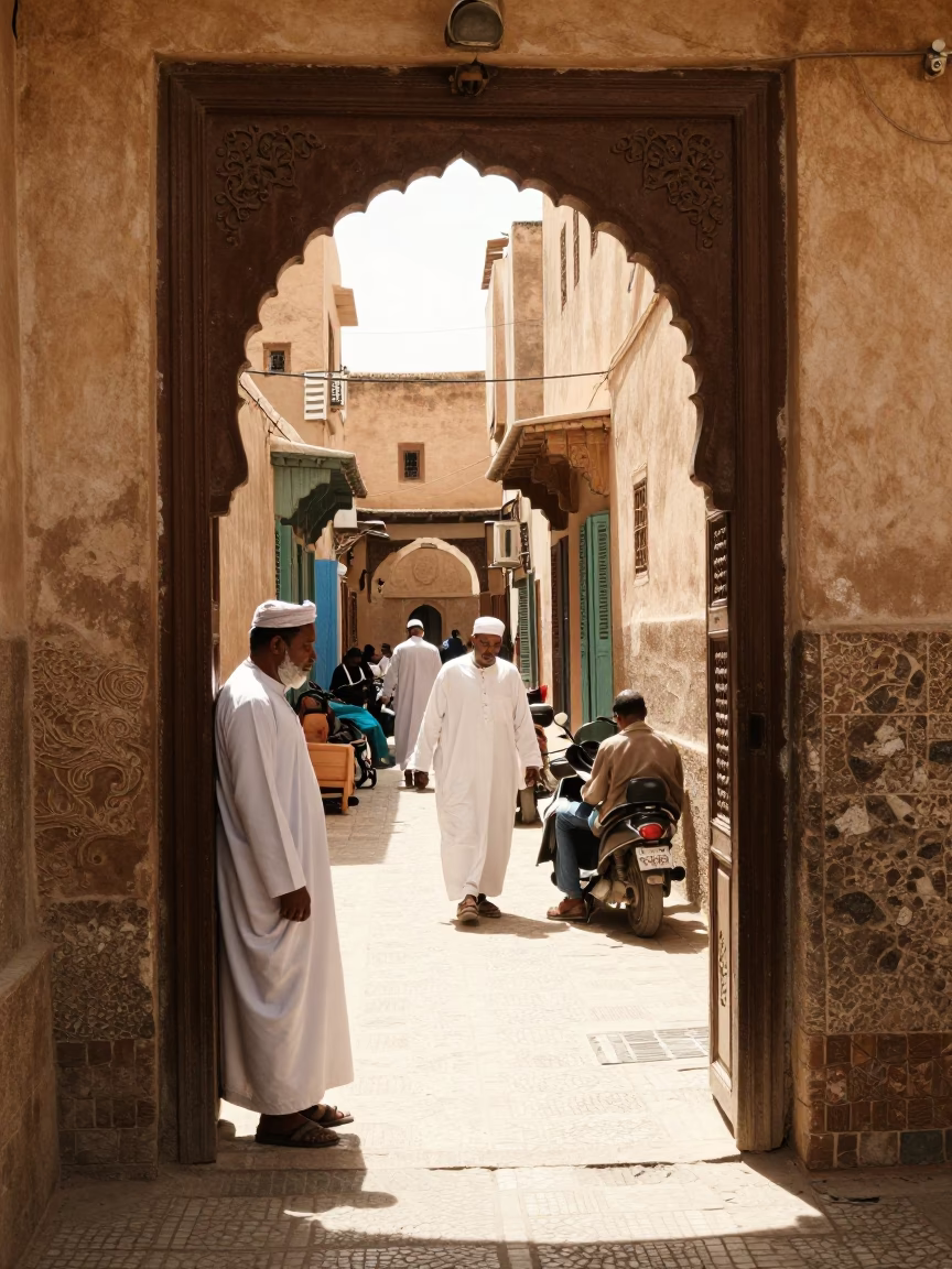 Street Scene in Fez at The Flat Glare Of Noon Light in in Fez, Morocco