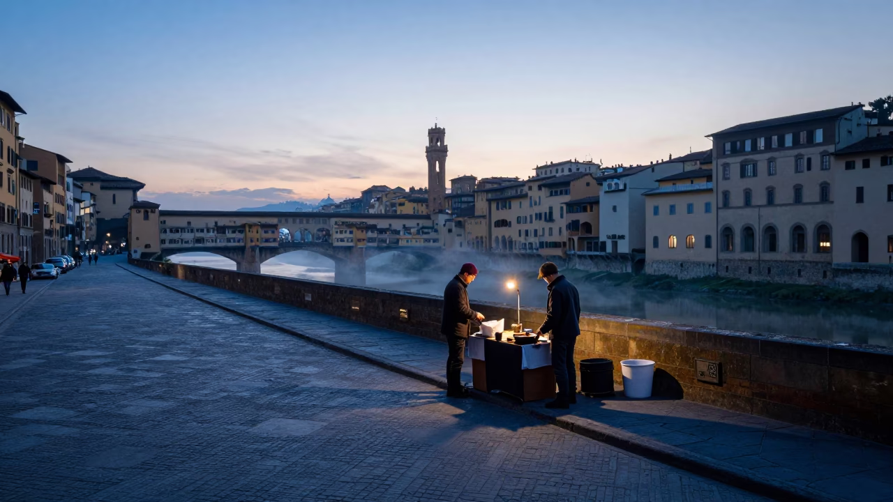Street Scene in Florence at Nautical Dawn Light in in Florence, Italy