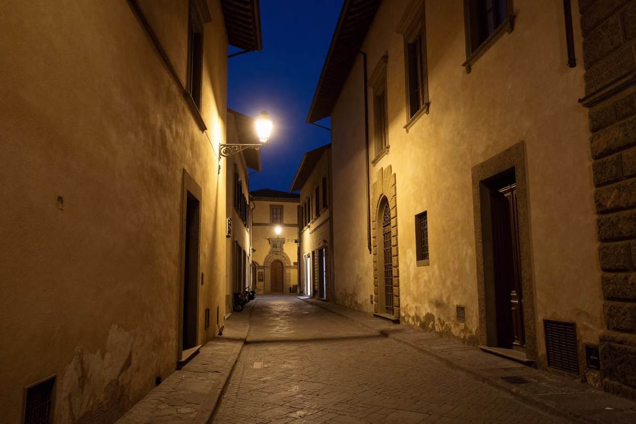 Street Scene in Florence at The Deepest Night Sky Light in in Florence, Italy