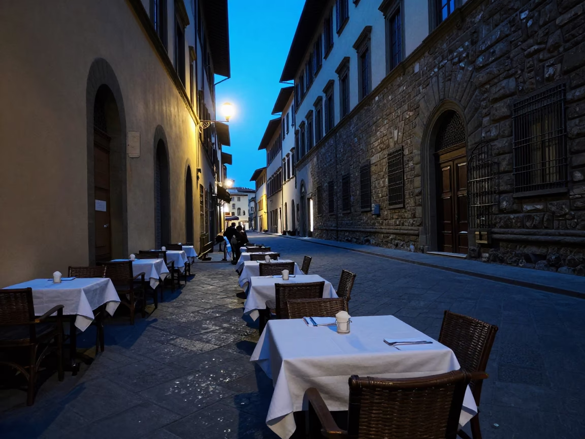 Street Scene in Florence at The Last Blue Light Of Evening in in Florence, Italy
